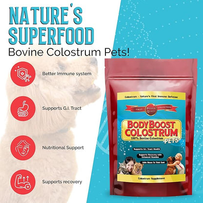 BodyBoost Bovine Colostrum for Dogs and Cats, Organic Immune Support Supplement for Allergy and Itch Relief, Grass Fed Colostrum Powder for Pets, Dog Gut Health, All Ages, 8 oz