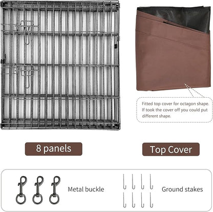 NEZUC Foldable Metal Dog Exercise Playpen Gate Fence Dog Crate 8 Panels 24 Inch Height Puppy Kennels with Top Cover/Bottom Pad for Animals Outdoor Indoor (Playpen+Top Cover, Brown, 36" H)