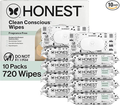 The Honest Company Baby Wipes for Sensitive Skin, Hypoallergenic, Fragrance-Free, Multi-Use, Pattern Play Design, 720 Count (8 Packs of 90)