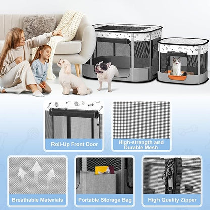 Portable Cat Playpen, Foldable Pet Dog Playpen, for Kitten Puppy Play Pen Indoor/Outdoor, Cats Enclosure Cages Tent with Carrying Case, 600D Oxford 8-Rods, 32"x24"x22", Grey