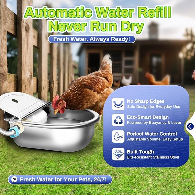 Automatic Animal Drinking Water Bowl with Float Valve, Extended Pipe & Drain Hole, Stainless Steel Waterer Feeder Farm Dog Dispenser Kit Self Filling for Livestock Horse Goat Water Trough