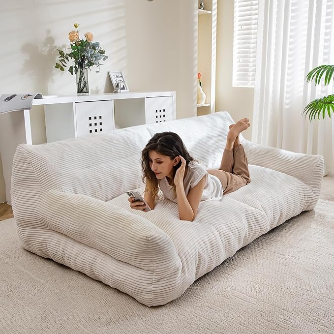 HIGOGOGO Large Human Dog Bed, Giant Dog Sofa Bed, Big Comfy Floor Sofa Couch for Pet Families with Foam Chunk Supportive Mat, XXXXL Size Corduroy Orthopedic Bed for Human, Beige