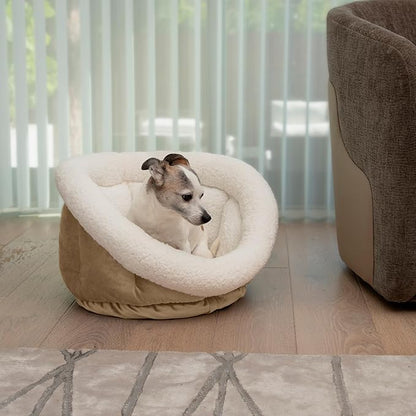 Sherry Kline Small Cuddler Cup Pet Bed: Cozy Retreat with Deep Cushioning, Secure & Snug Space for Nap or Lounge, Easy in 'n' Out Access, Polyester Fiber, Round Shape (Taupe)