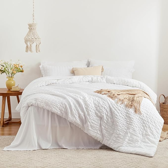 Love's cabin Seersucker White Full Comforter Set, 7-Piece All Season Lightweight Bed in a Bag Bedding Set with Comforter, Flat Sheet, Fitted Sheet, Pillowcases and Shams | Soft, Breathable, Lightweight