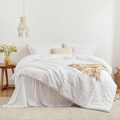 Love's cabin Seersucker White Twin Comforter Set, 5-Piece All Season Lightweight Bed in a Bag Bedding Set with Comforter, Flat Sheet, Fitted Sheet, Pillowcase and Sham | Soft, Breathable, Lightweight