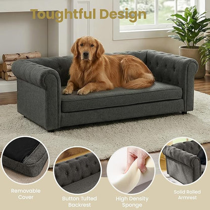 Elevated XL Large Dog Sofa with Backrest and Armrests, 55" Button Tufted Dog Couch Bed with Soft Cushion for Large Dogs, Stylish Lounging Bed Pet Couch Chair, 120Lbs Weight Capacity, Dark Gray