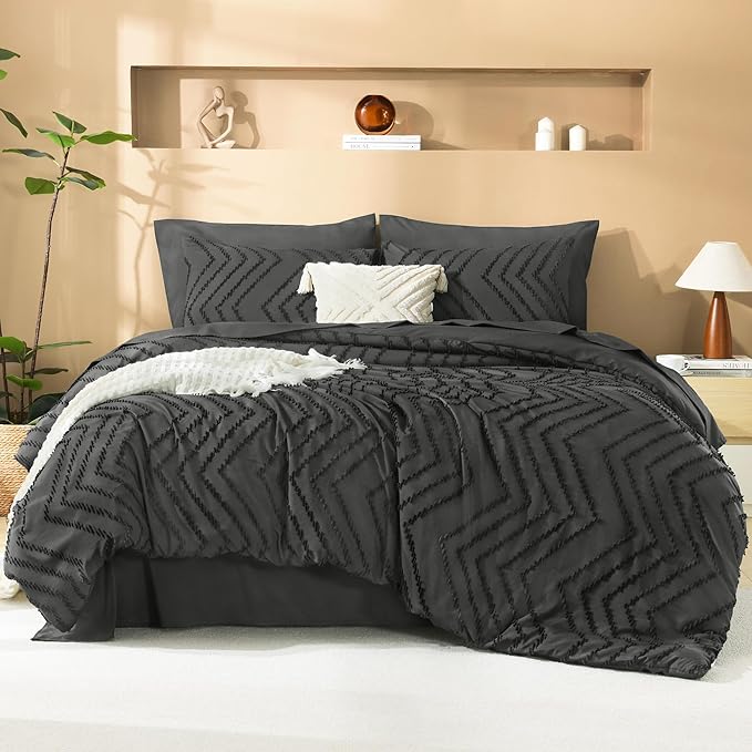 Litanika Super King Plus Size Comforter Set with Sheets Dark Grey - 7 Pieces Bed in a Bag Oversized King Boho Tufted Complete Bedding Sets with Comforter, Sheets, Pillowcases & Shams