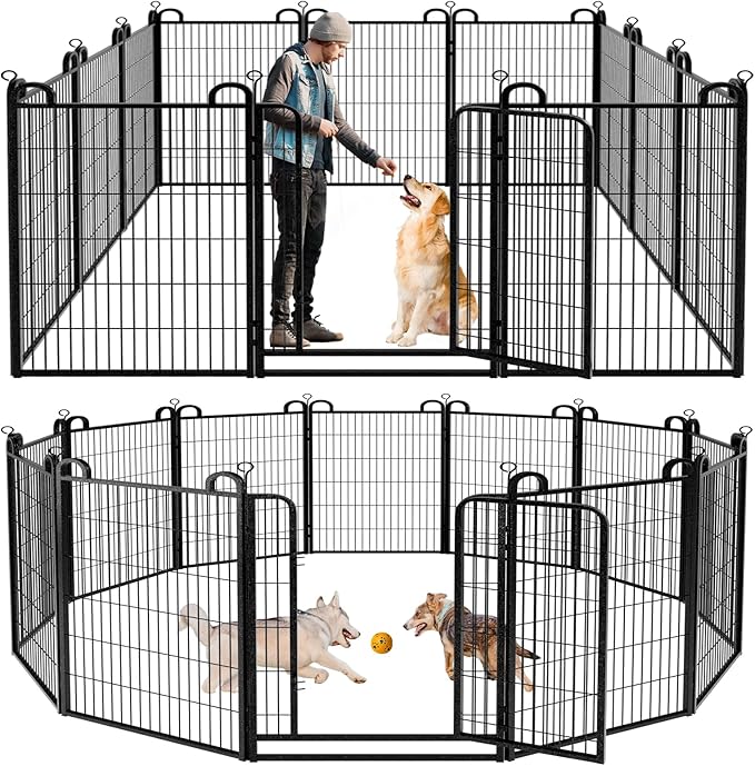 Kfvigoho Dog Playpen Outdoor 12 Piece Panels Heavy Duty Dog Fence 47" Height Anti-Rust with Doors Portable for RV Camping Yard, Total 27FT, 58 Sq.ft, Snowy Black
