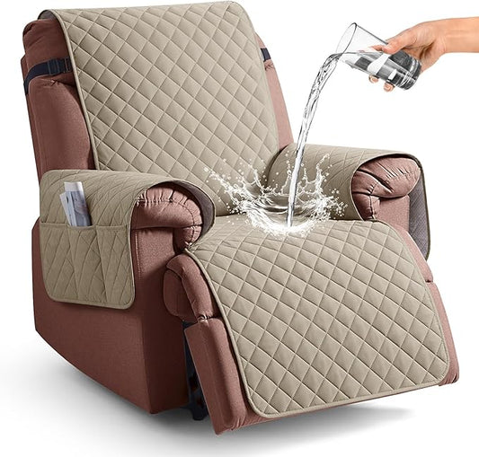 KinCam 100% Waterproof Recliner Chair Cover, Reclining Couch Covers for Pets, Dogs, Recliner Couch Slipcover Furniture Protector with Elastic Straps for Kids(30", Khaki)