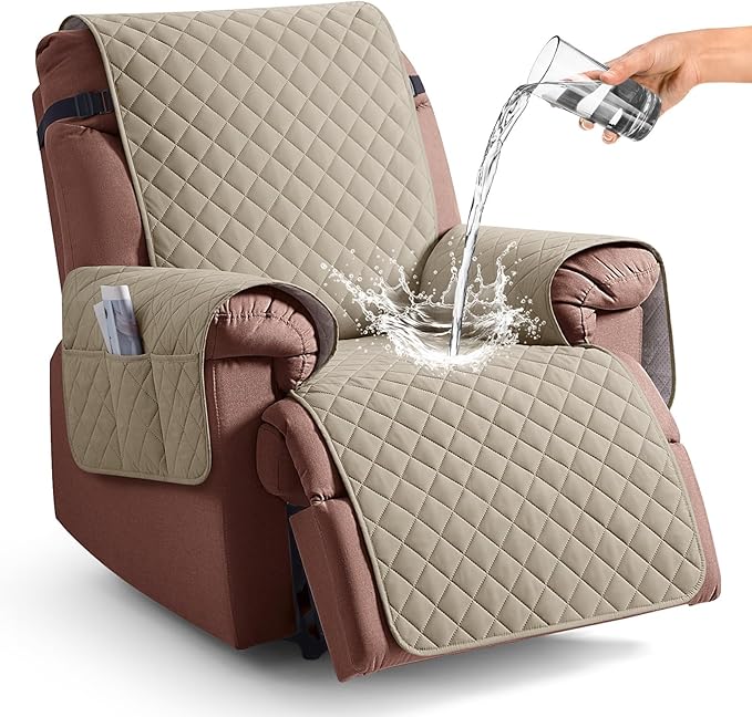 KinCam 100% Waterproof Recliner Chair Cover, Reclining Couch Covers for Pets, Dogs, Recliner Couch Slipcover Furniture Protector with Elastic Straps for Kids(25", Khaki)
