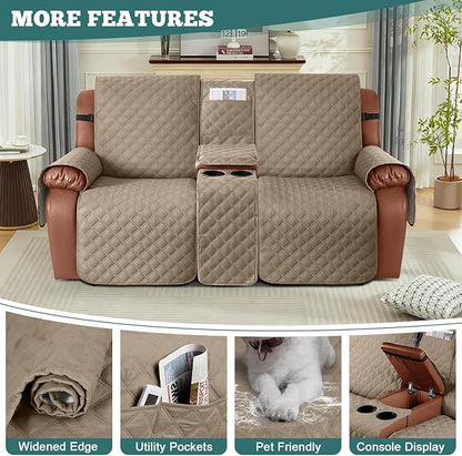 Ruaozz Waterproof Loveseat Recliner Cover with Console Non-Slip Reclining Couch Covers Split Sofa Slipcovers with Elastic Straps Furniture Protector for Kids, Dogs, Pets (Pale Brown, 2 Seater)