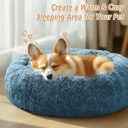 JOLLYVOGUE Calming Small Dog & Cat Bed for Indoor Cats - 20 inches Washable Donut Bed for Kittens & Puppies, Anti-Anxiety Round Fluffy Plush Pet Beds (Fits up to 15 lbs, Blue)