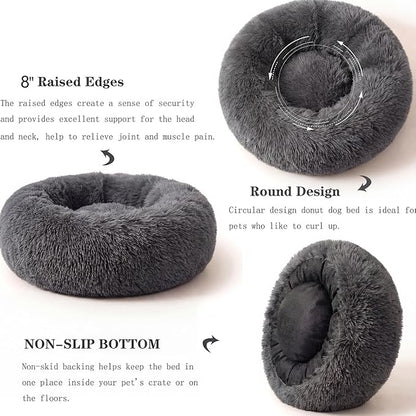Calming Donut Dogs Beds for Medium Dogs up to 45 lb,30inch Anti-Slip Plush Round Dog Bed with Raised Rim,Fluffy Faux Fur Pet Bed for Cozy Sleep,Dark Grey
