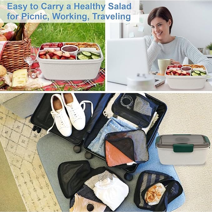Freshmage Large Salad Container for Lunch, 2 Packs 68oz Salad Bowls with 5 Compartments, Salad Dressings Container for Salad Toppings, Snacks, Men, Women (Wheat straw white)