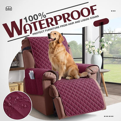 KinCam 100% Waterproof Recliner Chair Cover, Reclining Couch Covers for Pets, Dogs, Recliner Couch Slipcover Furniture Protector with Elastic Straps for Kids(30", Burgundy)