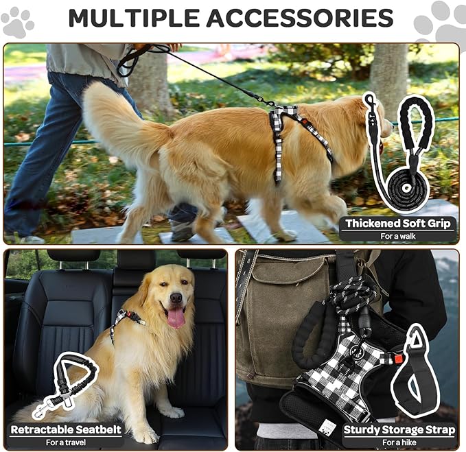 FURRYFECTION Plaid Dog Harness for Large Dogs, Reflective No Pull Adjustable Pet Vest with Front Clip, Leash, Easy Control Handle and Seat Belt, Beige&White, XL