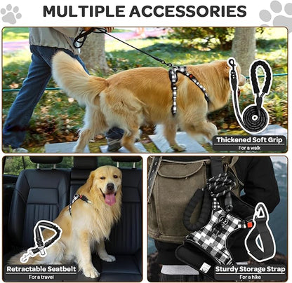 FURRYFECTION Plaid Dog Harness for Medium Dogs, Reflective No Pull Adjustable Pet Vest with Front Clip, Leash, Easy Control Handle and Seat Belt, Beige&White, M