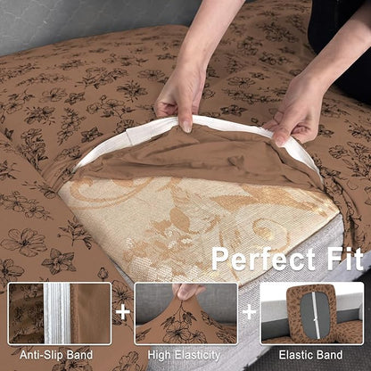 ANARACHON Leather Look Couch Cushion Covers Sofa Seat Slipcovers Sets Couches Furniture Protector for Sectional Armchair Loveseat Pets Kids Stretch Spandex Fabric (3 Cushion Sofa, Brown 01Flower)