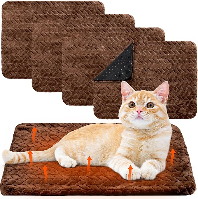 Drydiet 4 Pack Self Warming Cat Bed Mat Self Heating Pad for Dog Extra Warm Winter Pet Pad Washable Thermal Pads Mats for Pets Indoor Outdoor(Dark Coffee,16 x 20 Inch)