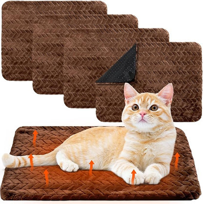 Drydiet 4 Pack Self Warming Cat Bed Mat Self Heating Pad for Dog Extra Warm Winter Pet Pad Washable Thermal Pads Mats for Pets Indoor Outdoor(Dark Coffee,16 x 20 Inch)