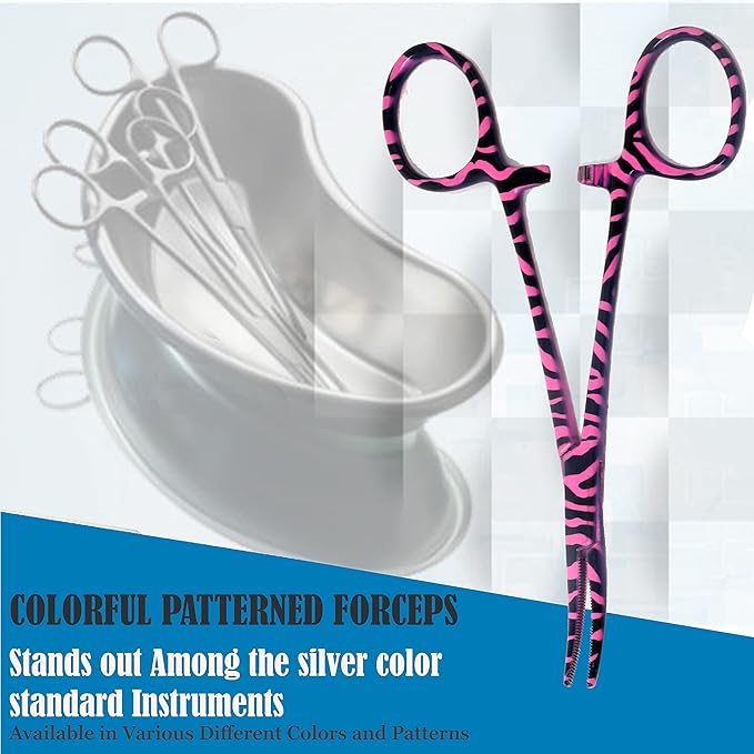 Dog Pet Ear/Nose Hair Puller Grooming Hemostat Locking Forceps Curved Pliers, 5.5" (14cm) Full Serrated Clamps Stainless Steel (Pink Candy Swirls)