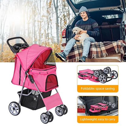 4 Wheels Dog Stroller Folding Pet Strolling Cart for Small Medium Cats Puppies Portable Jogger Travel Camping Puppy Carrier with Storage Basket Cup Holder, Pink