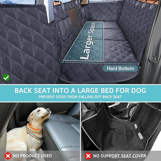 Back Seat Extender for Dogs + 2 Dog Seat Belts, Waterproof Heavy Duty Hard Bottom Car Seat Cover for Dogs with Door Protector Cover & Mesh Window | Dog Hammock for Car Pet Seat Protector for Car/Suv