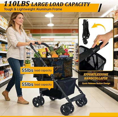 Folding Shopping Cart & Pet，110lbs ，2-in-1 Personal Cart with Removable Basket & Lower Dogs Stroller，Single-Hand Fold, Collapsible Utility Trolley Cart for Groceries, Laundry, Camping & Pet Traveling