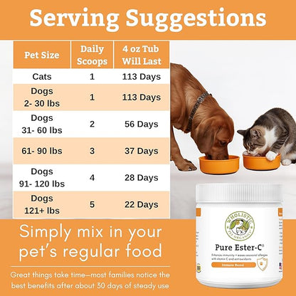 Wholistic Pet Organics Ester-C Powder for Dogs & Cats - Cat & Dog Allergy & Itch Relief - Vitamin C Immune Support Supplement - Itchy Skin Support for Seasonal Dog Allergy Relief - 4 oz - 113 Scoops