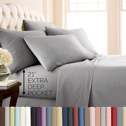 Southshore Fine Living, Inc. 4-Piece Twin XL Sheets Set Premium Bedding, 21-Inch Twin XL Sheets Deep Pockets, Deep Pocket Fitted Sheet, Grey Pillow Cases Standard Size Set of 2, Steel Grey Bedding