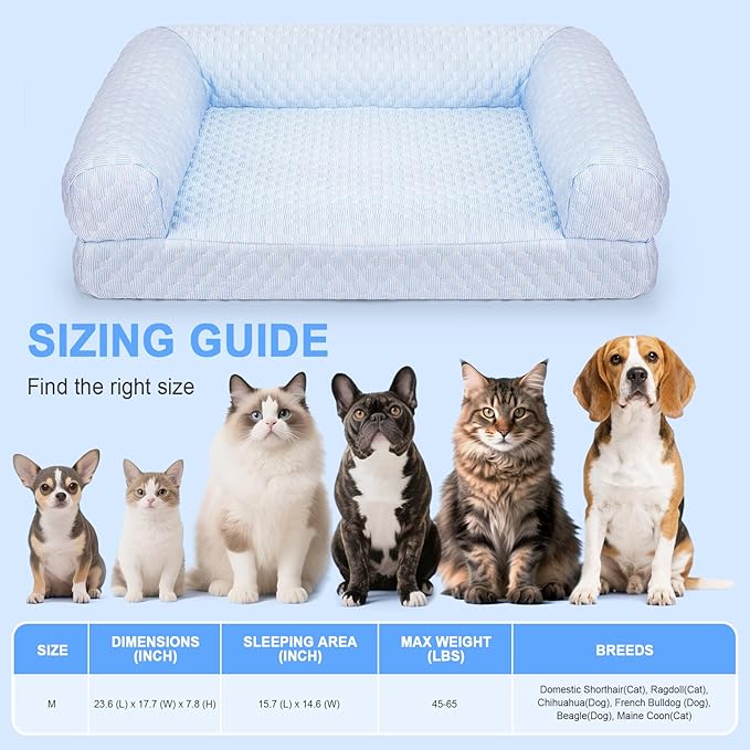Cat Bed, Cat Beds for Indoor Cats, Summer Cooling Pet Sofa Bed, Washable Medium Pet Bed for Puppy and Small to Large Kitten with Anti-Slip Bottom, Fits Up to 65lbs Pets