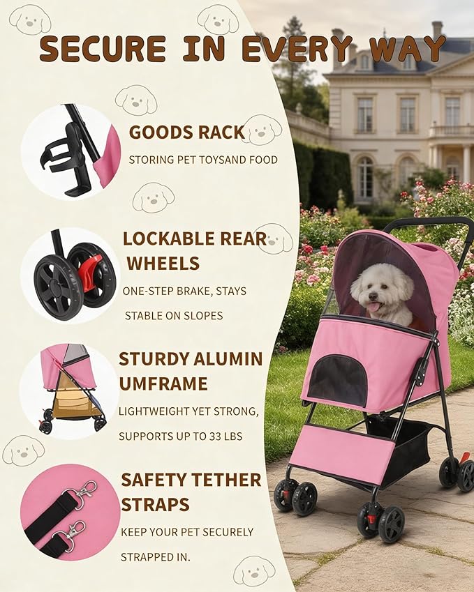 Pet Stroller for Small Medium Dogs Cats - Lightweight 10lbs Foldable Dog Stroller, Breathable Mesh & Safety Tether, 33lbs Capacity with Locking Wheels, Storage Basket for Outdoor Walks-Pink
