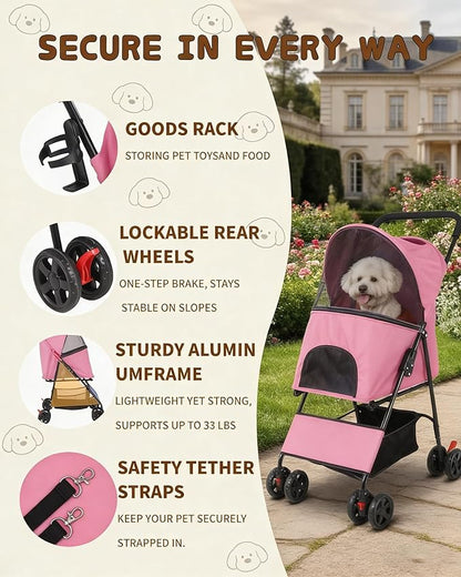 Pet Stroller for Small Medium Dogs Cats - Lightweight 10lbs Foldable Dog Stroller, Breathable Mesh & Safety Tether, 33lbs Capacity with Locking Wheels, Storage Basket for Outdoor Walks-Pink