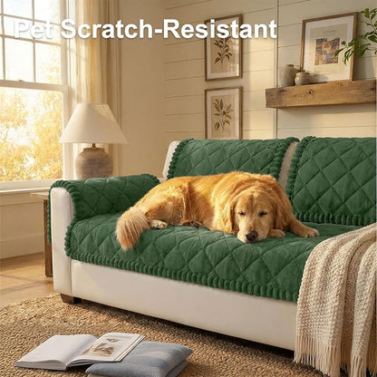 Smiry Fuzzy Couch Cover for Dogs, Non Slip Washable Pet Sofa Cover, Scratch Proof Hair Resistant Plush Sofa Slipcover, Pet Friendly Couch Cushion Protector for Cat, Green, 27.6" x 88"