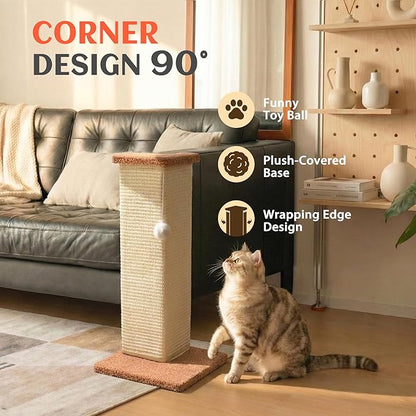 PETKARAY Couch Corner Cat Scratcher, 22.5" Sisal Scratching Post for Indoor Cats, Corner Wall Scratch Pad for Furniture Protection, Plush Base, Medium