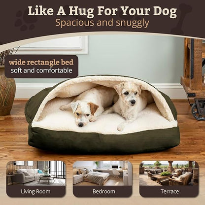 Snoozer Rectangle Cozy Cave Dog Bed - Indoor Dog Bed with Cover Cave, Covered Calming Burrow for Small & Medium Sized Pets with Blanket Attached, Enclosed, Washable Cover - Medium, Olive