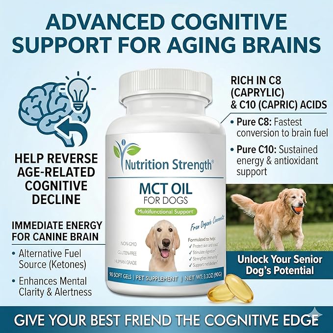MCT Oil for Dogs from Organic Coconuts - Support Cognitive Function & Energy - Pure C8 & C10 Medium Chain Triglycerides - Boost Immunity & Senior Dog Brain Support, 90 Soft Gels