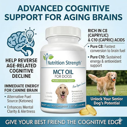 MCT Oil for Dogs from Organic Coconuts - Support Cognitive Function & Energy - Pure C8 & C10 Medium Chain Triglycerides - Boost Immunity & Senior Dog Brain Support, 90 Soft Gels