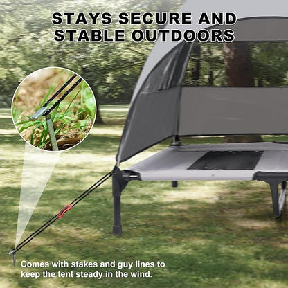 Medium Outdoor Dog Bed with UV Canopy, Elevated Pet Cot for Dogs up to 78 Lbs, Waterproof and Scratch-Resistant Raised Dog Tent with Breathable Mesh for Backyard, Patio, Camping or Indoor Use