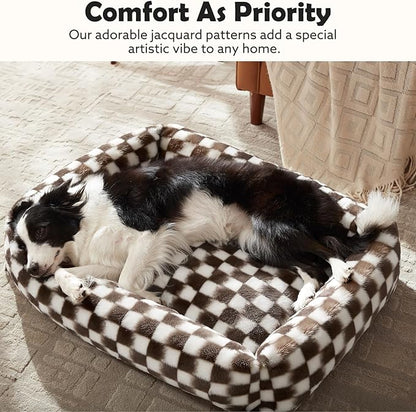 JOEJOY Dog Bed Medium Size Dog, Removable Washable Cover Orthopedic Soft Pet Bed, Anti-Slip Fluffy Plush Faux Rabbit Fur Puppy Bed, 30"x24"x8", Checkered, Brown