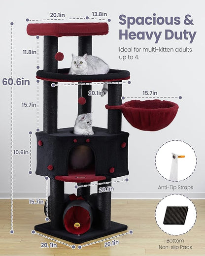 Cat Tree Tower for Large Cats Adult - 60 Inch XXL Sturdy Heavy Duty Extra Wide Scratching Posts (φ4.4in) Condo - Indoor Big Cat House Hammock Perch - XL Wood Multi Level Feline Pet Bed Trees Houses
