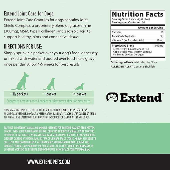 Extend Dog Hip and Joint Supplement Beef Flavored Powder Packets with Glucosamine, Chondroitin, MSM & Collagen, Hip & Joint Support, Mobility & Cartilage Health, Daily Dog Supplement, 60 Count