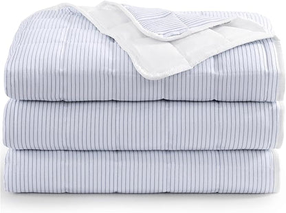 Casa Platino Pre-Washed Queen Size Bed Blanket - Ultra Soft Lightweight All Season Reversible Down Alternative - Ticking Stripe Blue, White