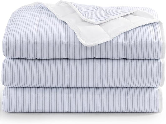 Casa Platino Pre-Washed Twin Size Bed Blanket - Lightweight, All Season, Premium Reversible Down Alternative - Ticking Stripe Blue, White