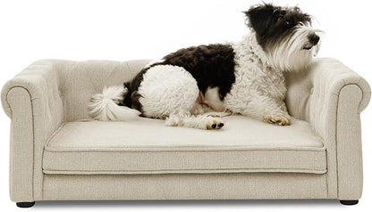 Elevated Dog Sofa with Backrest and Armrests, Button Tufted Dog Couch Bed with Soft Cushion for Medium Dogs, Stylish Lounging Bed Pet Couch Chair, 60Lbs Weight Capacity, Beige