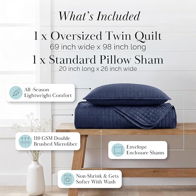 Southshore Fine Living, Inc. Oversized Twin Quilt Bedding Set, Microfiber Quilts, Summer Bedspread & Coverlet Sets, Pet Hair Resistant Bedding, Twin XL Quilt Set with 1 Pillow Sham, Dark Blue Quilt