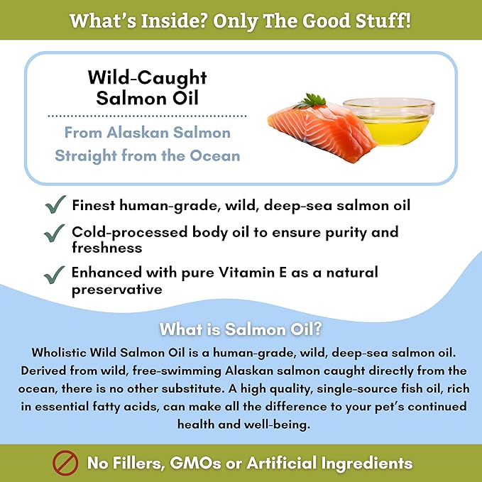 Wholistic Pet Organics Wild Alaskan Salmon Oil for Dogs and Cats - Omega 3 Fish Oil for Dogs & Cats - Cat & Dog Skin and Coat Supplement for Heart, Joints - DHA, EPA Omega 3 Liquid Food Topper - 16 oz