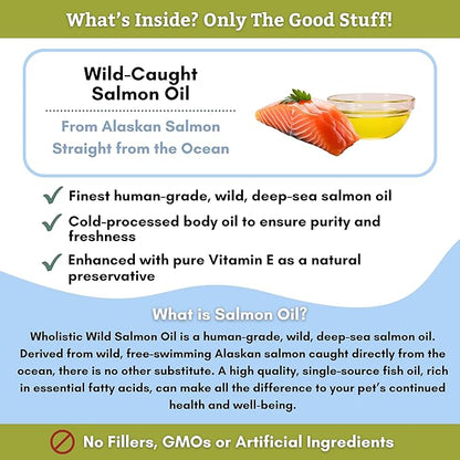 Wholistic Pet Organics Wild Alaskan Salmon Oil for Dogs and Cats - Omega 3 Fish Oil for Dogs & Cats - Cat & Dog Skin and Coat Supplement for Heart, Joints - DHA, EPA Omega 3 Liquid Food Topper - 4 oz