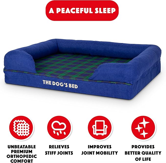 The Dog’s Bed Orthopedic Memory Foam Dog Bed with Bolsters for Medium Dogs, High Density Support Mattress, Low Front Entry, Removable Washable Cover, Oxford Fabric, Black Watch Tartan, Medium