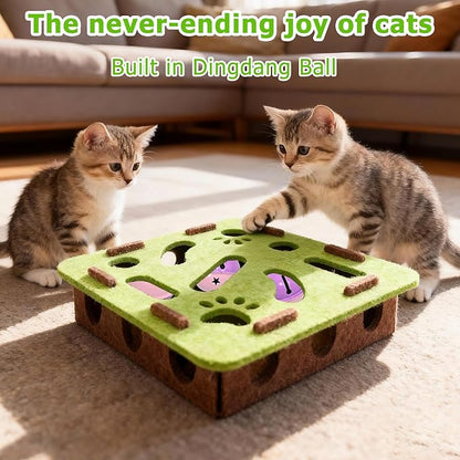 Cat Scratch Puzzle Enrichment Box with 3 Jingle Balls, Interactive Cat Toy Maze for Indoor Cats, No Assembly, Mental Stimulation Toys for Bored Kittens to Chase & Play